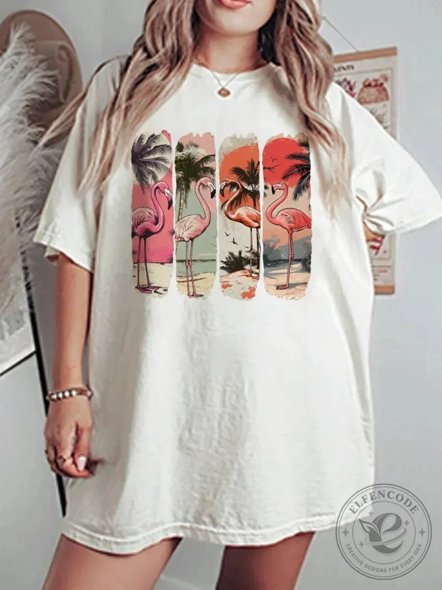 Vintage Flamingo Summer Beach Sunset Graphic T-Shirt