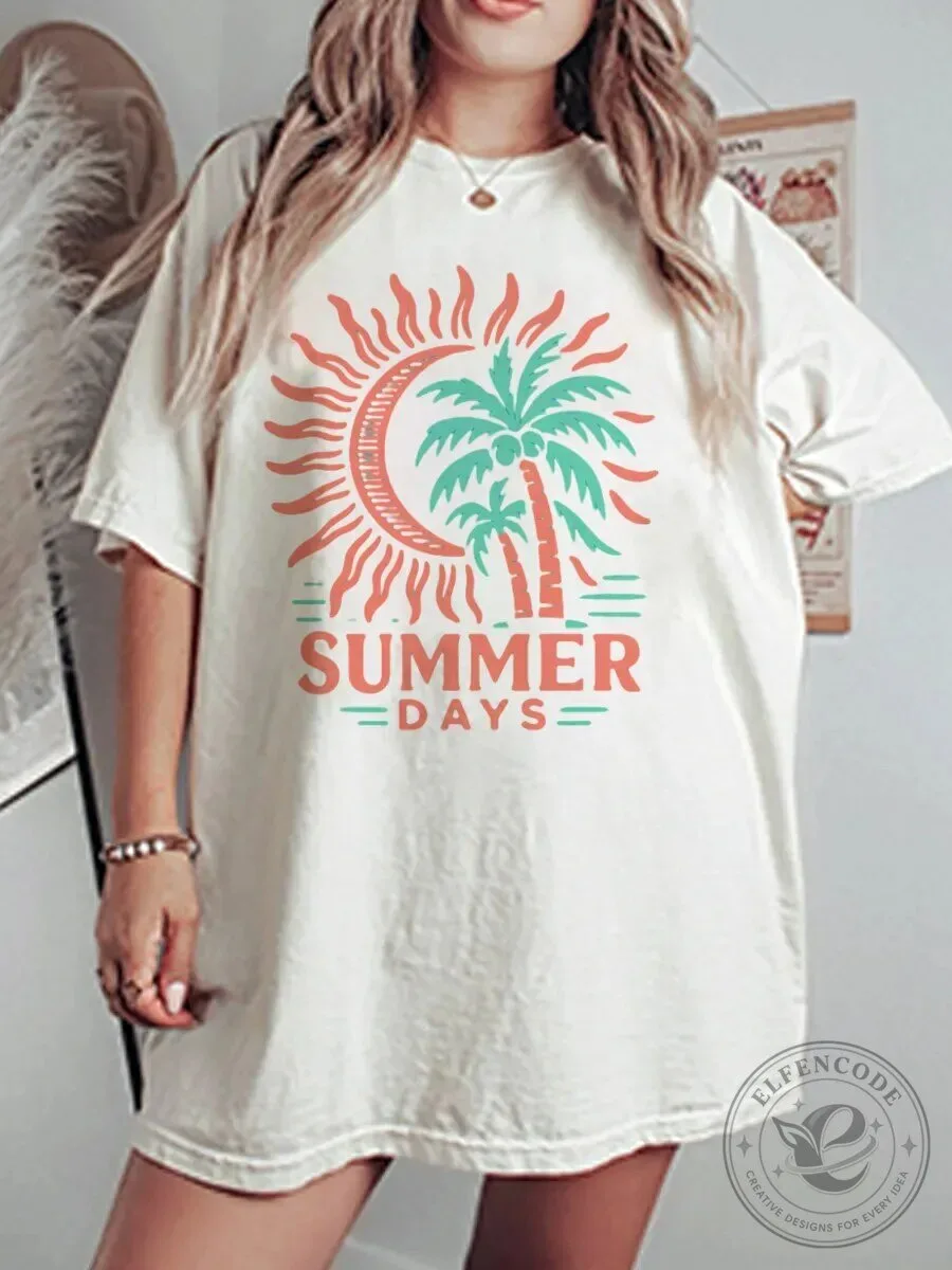 Vintage Summer Days Sun and Palm Tree Graphic T-Shirt