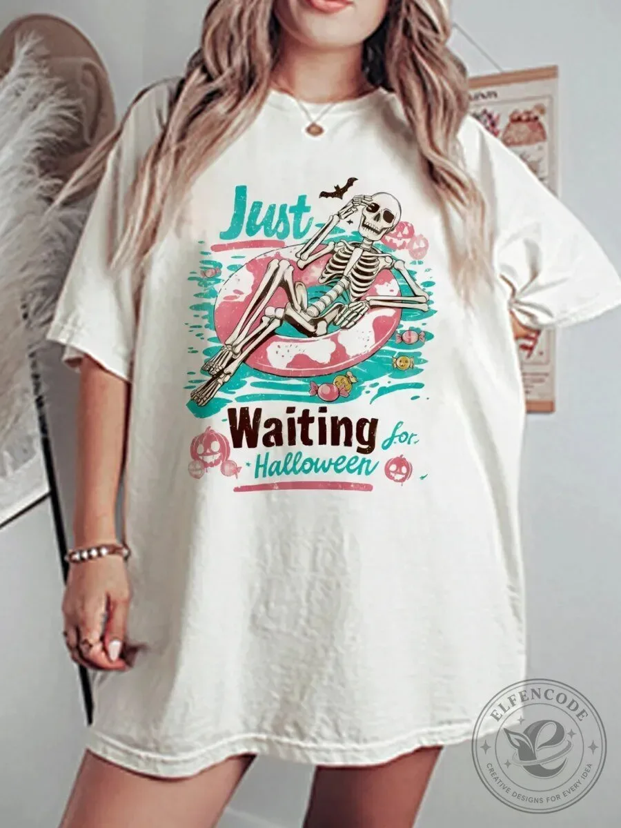 Just Waiting for Halloween Skeleton Floating Oversized T-Shirt