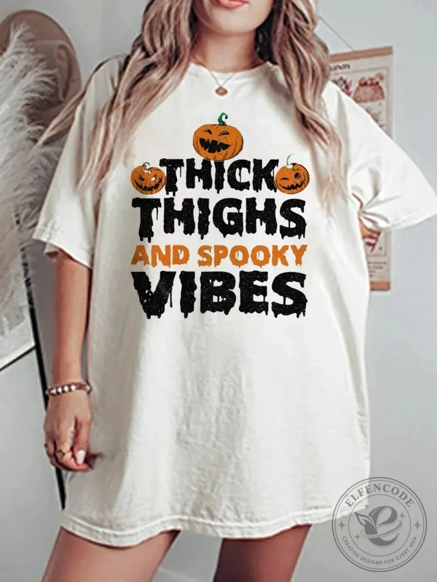 Thick Thighs And Spooky Vibes Halloween Pumpkin Oversized Graphic T-Shirt