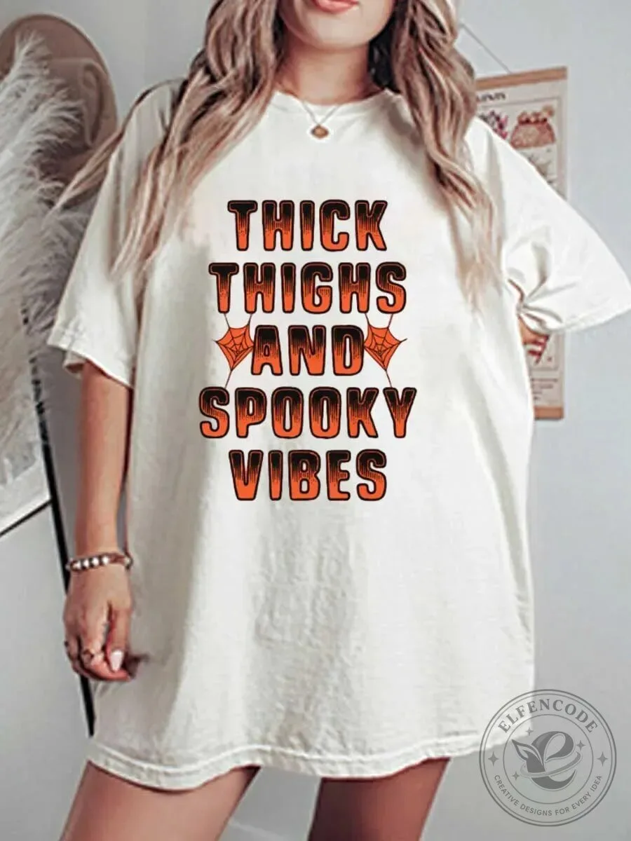 Thick Thighs And Spooky Vibes Halloween Graphic T-Shirt