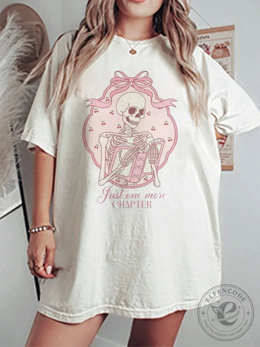 Coquette Aesthetic Skeleton Reading Just One More Chapter T-Shirt