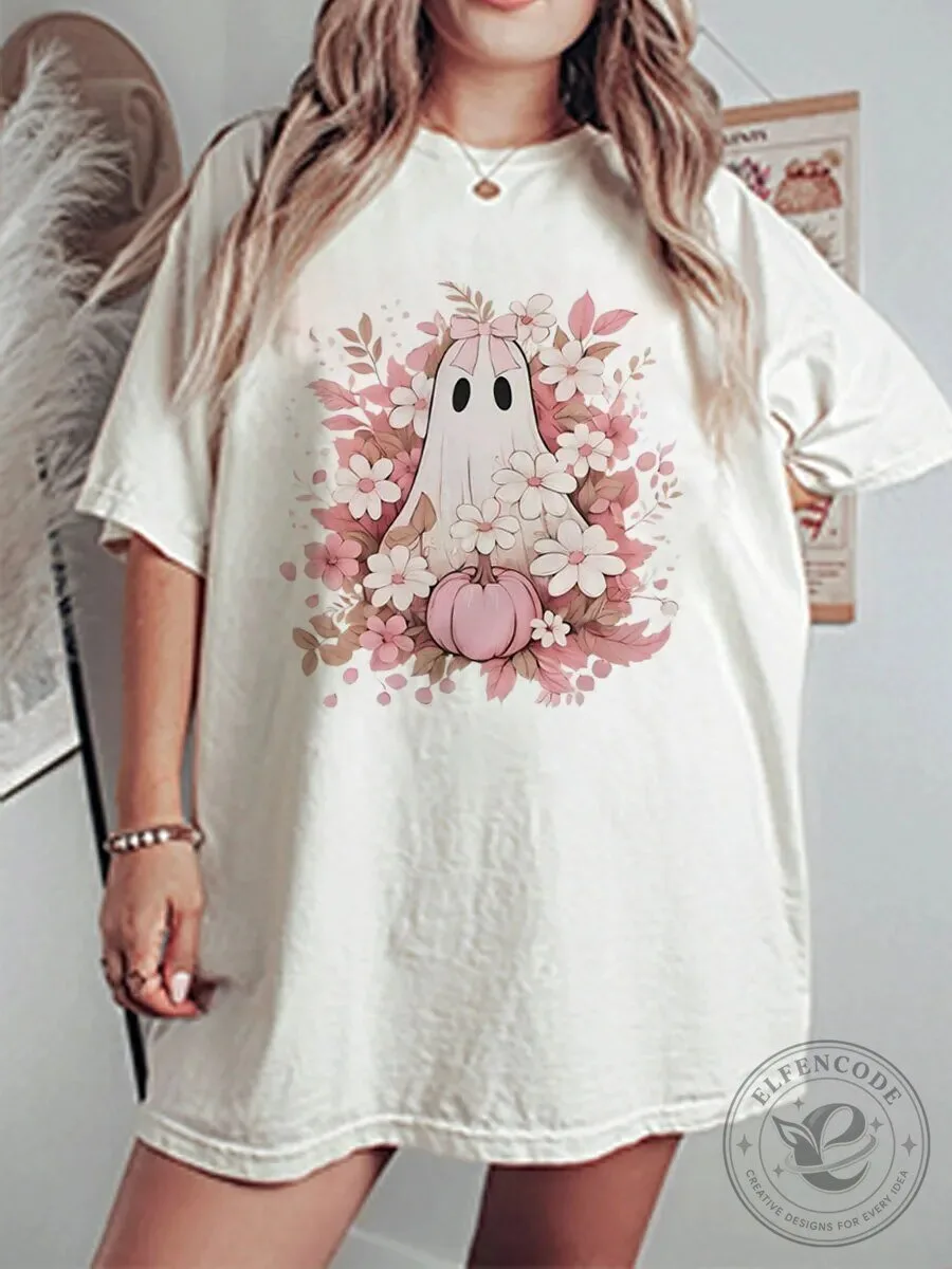 Vintage Pink Floral Ghost Oversized Graphic T-Shirt