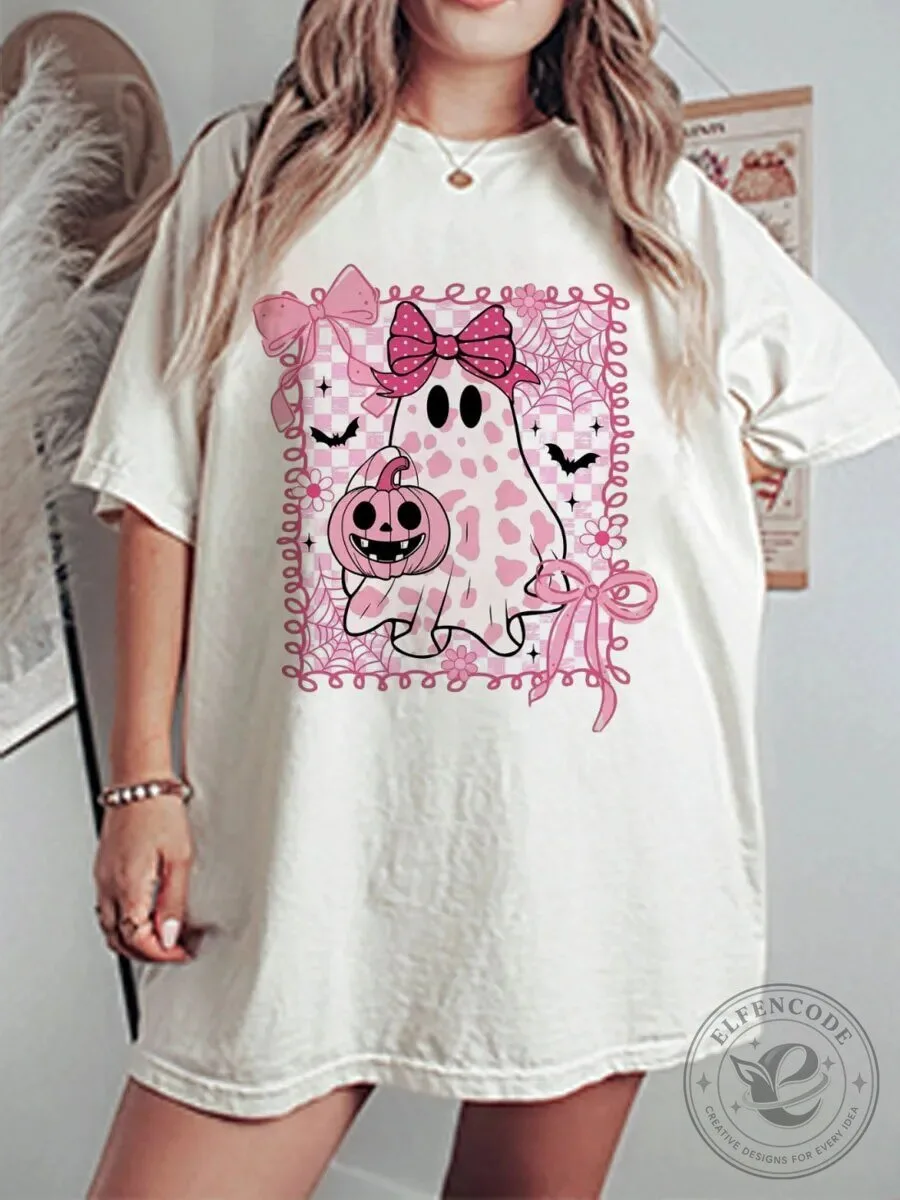 Cute Pink Ghost Halloween Pumpkin Spooky Season Oversized Graphic T-Shirt