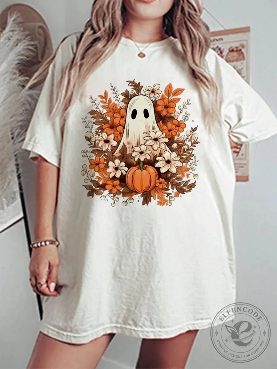 Cute Ghost Pumpkin Autumn Fall Flowers Halloween Graphic T-Shirt